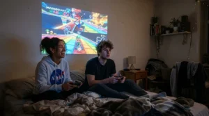 Students playing video games on a big screen using an affordable portable projector under £500 in a shared flat.