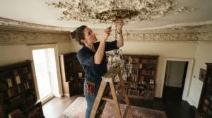 A professional installer setting up a premium home cinema projector in a Victorian property.