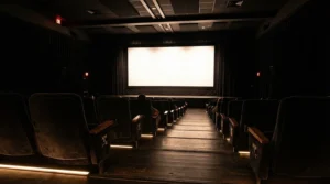 A luxury home cinema projector illuminating a screen in a custom-designed basement media room.