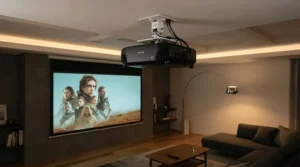 A premium home cinema projector mounted in a stylish London townhouse living room setup.