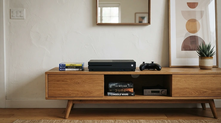 A sleek ultra short throw premium home cinema projector positioned neatly beneath a large screen.