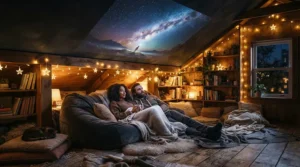 A cosy bedroom gaming den upgraded with a compact premium projector for gaming.