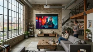 Side-by-side visual fidelity demonstration using a premium projector for gaming in a bright room.