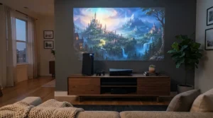 A high-end console connected to a premium projector for gaming on a sleek media cabinet.