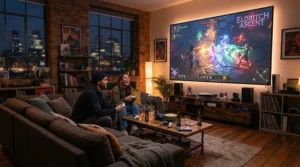 A modern living room featuring a premium projector for gaming displaying vibrant 4K visuals on a large wall.