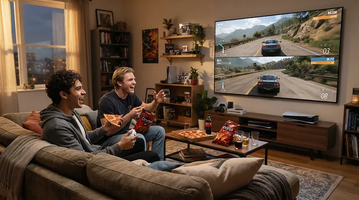 Friends enjoying a multiplayer tournament illuminated by a premium projector for gaming.
