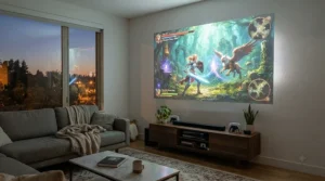A compact home cinema projector under £300 for gaming projecting a colourful video game onto a white wall in a modern British living room.