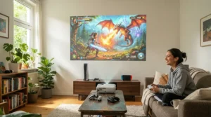Daytime gaming session using a projector under £500 for gaming in a bright room with natural window light.