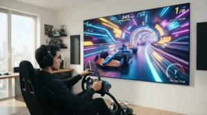 Smooth racing game action displayed by a 120Hz projector under £500 for gaming on a large screen.