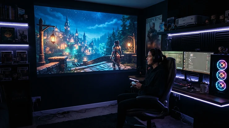 Immersive late-night gaming atmosphere powered by a projector under £500 for gaming with RGB ambient lights.