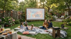 An outdoor garden movie night setup featuring a projector under £500 for gaming and family entertainment.