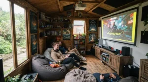 A garden outbuilding converted into an entertainment den using a projector under £500 for gaming.