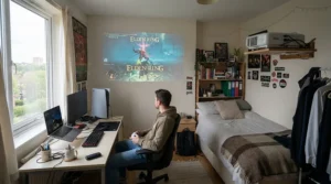 Compact console station featuring a projector under £500 for gaming inside a student bedroom setup.