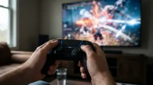 Close-up of a controller showing fast response times using a projector under £500 for gaming with low input lag.