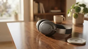 A sleek smart portable projector resting stylishly on a modern wooden coffee table next to a cup of tea
