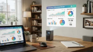 A smart portable projector displaying a work presentation onto a wall for a remote worker in a home study
