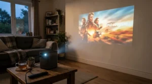 A smart portable projector displaying a vibrant film on a living room wall for a cosy movie night
