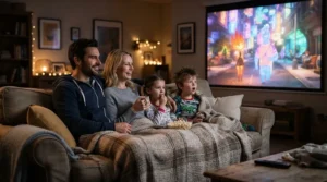 A family enjoying a movie night using a smart projector for streaming children's films