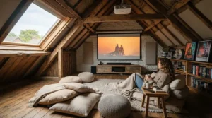 A smart projector for streaming movies in a cosy loft conversion with slanted roof beams