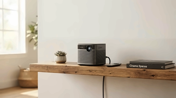 A sleek smart projector for streaming media seamlessly integrated into a minimalist interior