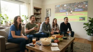 A high-definition smart projector for streaming live sports matches with friends at a flat gathering