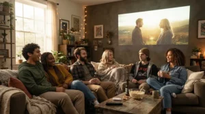 University students watching sports together on a smart wireless portable projector in a rented flat