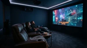 A dedicated home cinema room featuring a high-end 4K ultra short throw laser projector