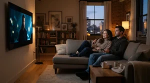 An ultra short throw laser projector acting as a laser TV alternative in a cosy flat