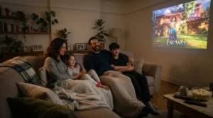 A family enjoying a film evening using a compact ultra short throw laser projector