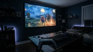 A gaming console connected to an ultra short throw laser projector for an immersive big screen experience
