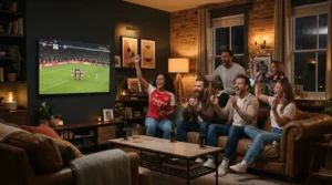 Friends gathered in a London townhouse watching a match on an ultra short throw laser projector