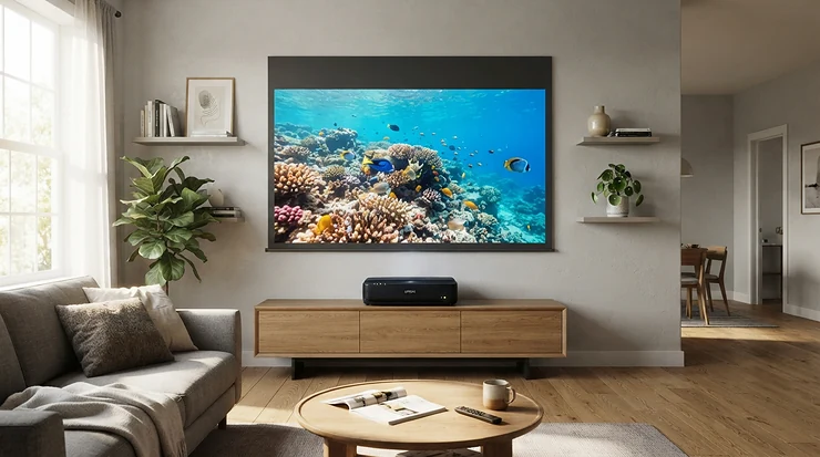 An ultra short throw laser projector paired with an ambient light rejecting screen for daytime viewing