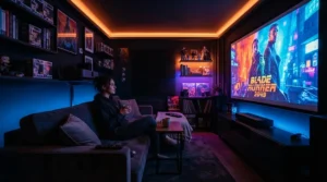 A moody evening atmosphere with RGB ambient lighting and a crisp display from a projector under £300 for gaming.