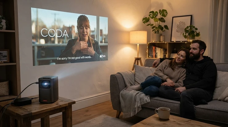 A wireless portable projector streaming a movie onto a white wall in a cosy London living room