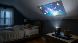 A lightweight smart portable projector angled upwards to cast a movie onto a bedroom ceiling for bedtime viewing