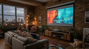 A large 100 inch pull down projector screen fitted in a dedicated home cinema room