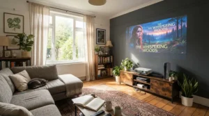 Ambient light rejecting 4K projector screen used during daytime in a sunlit room