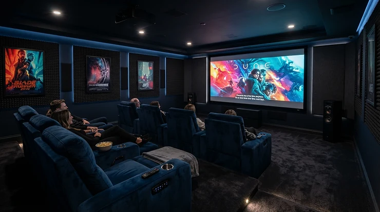 Dedicated basement home cinema featuring a fixed frame 4K projector screen