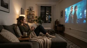 A modern 4K projector screen installed in a contemporary London living room for movie night