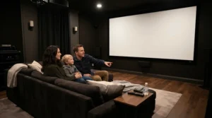 Family sitting at the correct viewing distance for a large 4K projector screen in a home cinema