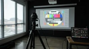 Technical testing equipment measuring color accuracy on a 4K projector screen