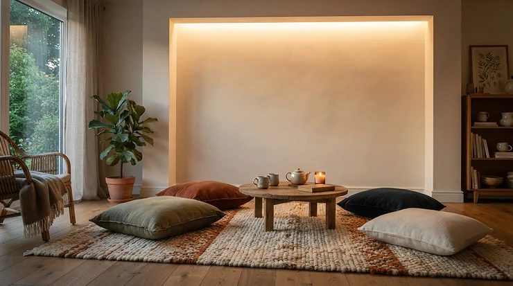 A family gathered in a cosy cottage living room enjoying a film on a large 8K projector screen.