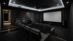 A dedicated basement media room showcasing an 8K projector screen for future-proofing home entertainment setups.