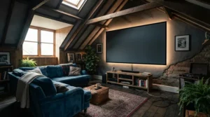 A high-performance 8K projector screen used for immersive console gaming in a dedicated loft games room.