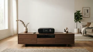 An advanced 8K projector screen paired with a modern ultra-short-throw laser projector in a contemporary British lounge.