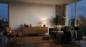 A stylish London townhouse living room featuring an 8K projector screen mounted on a feature wall for cinematic movie nights.