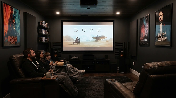 An acoustic transparent screen for small cinema room installed in a cosy basement conversion with concealed speakers.
