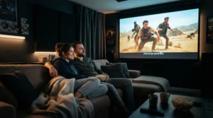 Family watching a movie on an acoustic transparent screen for small cinema room during a rainy evening in Manchester.