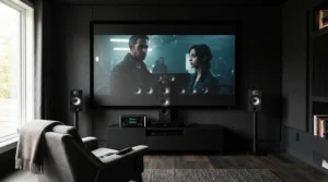 An acoustically transparent fixed frame screen used as an acoustic transparent screen for small cinema room in a London terrace home.