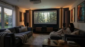 A dedicated home theatre setup featuring an acoustic transparent screen for small cinema room with integrated surround sound.